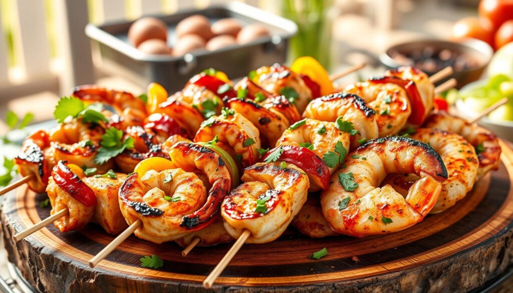 grilled chicken and shrimp skewers